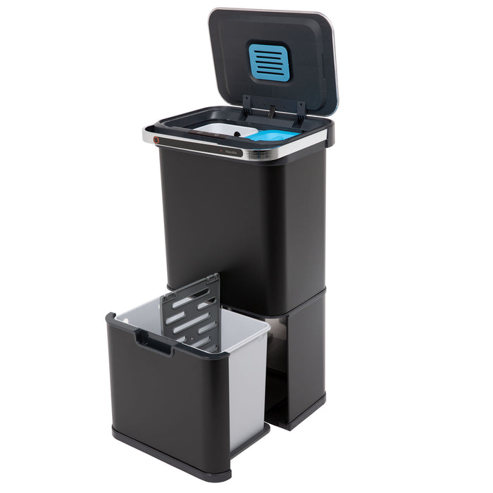 Schwarzer Sensor Mülleimer 60 Liter mit zwei Fächern oben mit Deckel und einem Auszugfach unten
