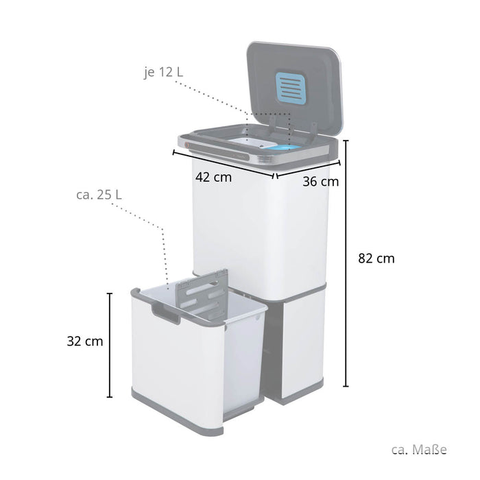 Maße SVITA Sensor-Mülleimer 60 Liter mit zwei Fächern, 82 cm hoch, 42 cm breit, 36 cm tief, obere Fächer je 12 Liter, unteres Schubfach ca. 25 Liter, 32 cm hoch