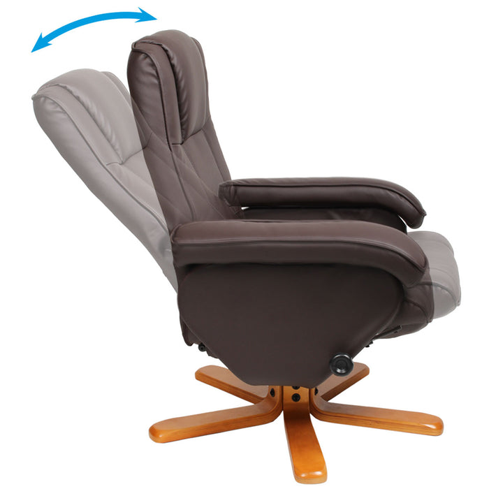 Brauner Sessel mit verstellbarer Rückenlehne und Holzsternfuß, zeigt Neigungsfunktion