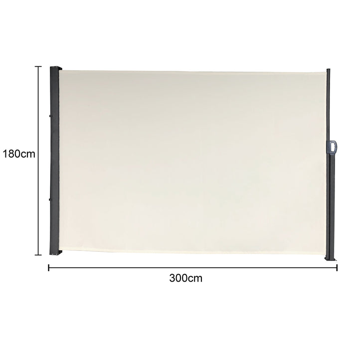 Beige rechteckige Markise mit den Maßen 300 cm Breite und 180 cm Höhe, mit grauen Halterungen an den Seiten