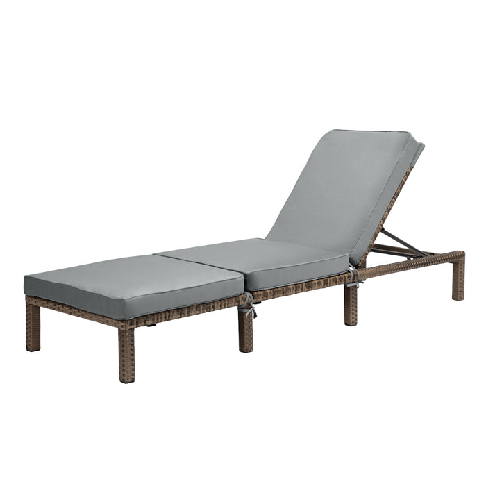 Braune Polyrattan Gartenliege mit grauer Polsterauflage und verstellbarer Rückenlehne