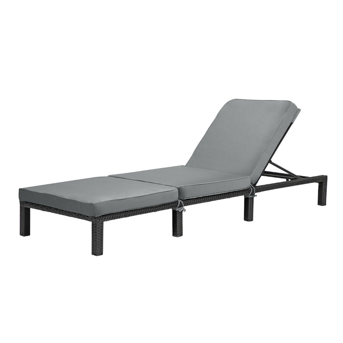 schwarze Polyrattan Gartenliege mit grauer Polsterauflage und verstellbarer Rückenlehne