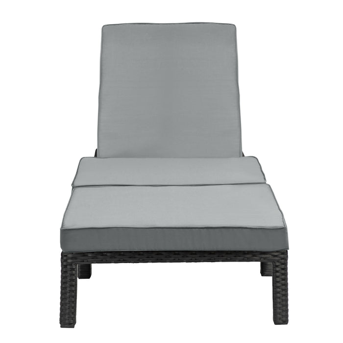schwarze Polyrattan Gartenliege mit grauer Polsterauflage frontal mit hochgeklappter Rückenlehne