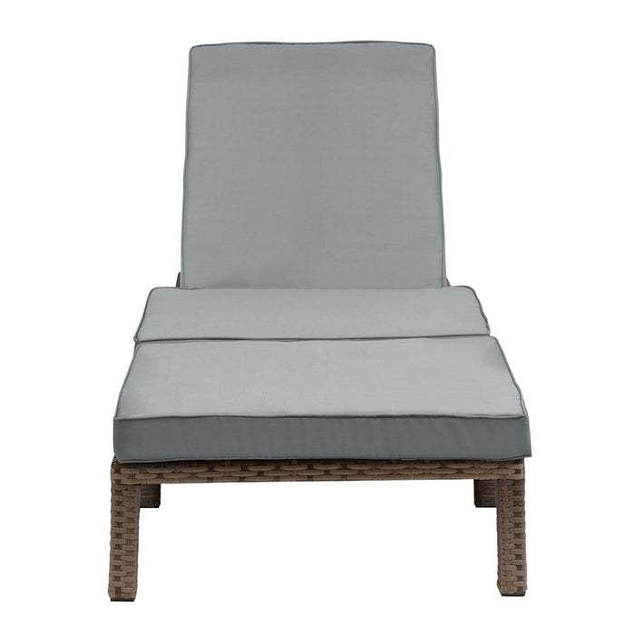 braune Polyrattan Gartenliege mit grauer Polsterauflage frontal mit hochgeklappter Rückenlehne