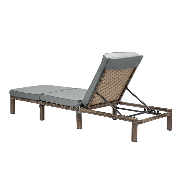braune Polyrattan Gartenliege mit grauer Polsterauflage - Rückenlehne mit vier Einstellmöglichkeiten