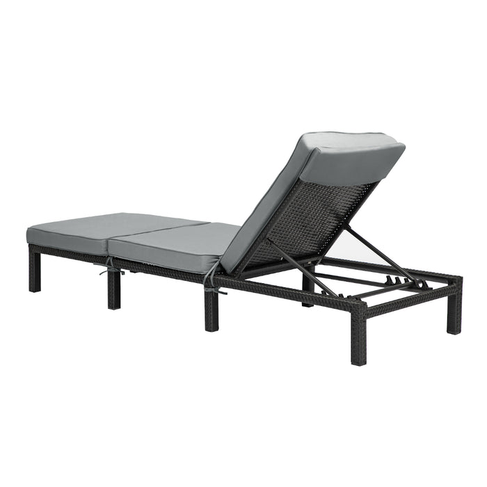 schwarze Polyrattan Gartenliege mit grauer Polsterauflage - Rückenlehne mit vier Einstellmöglichkeiten