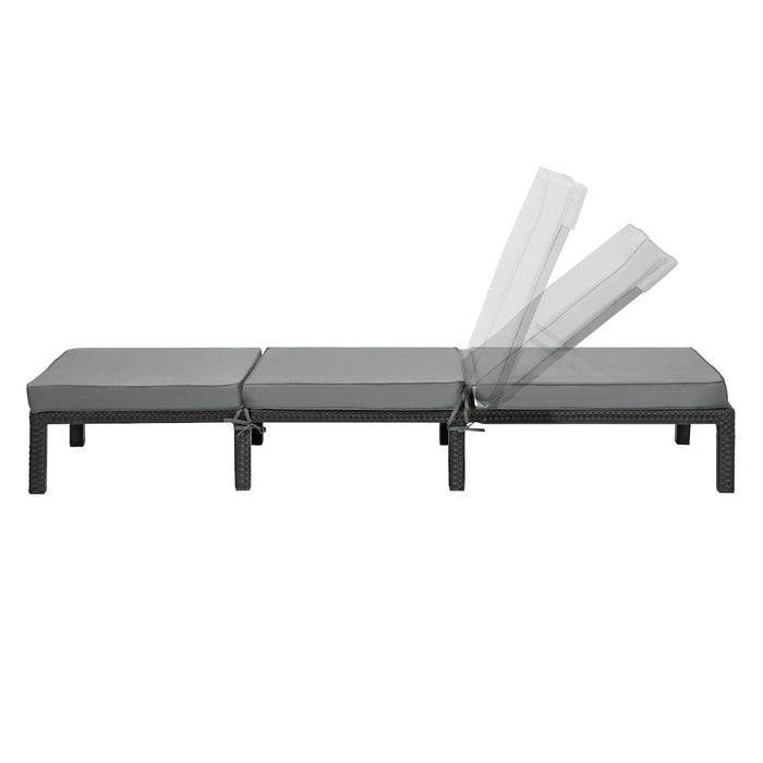 schwarze Polyrattan Gartenliege mit grauer Polsterauflage - Rückenlehne mehrstufig verstellbar