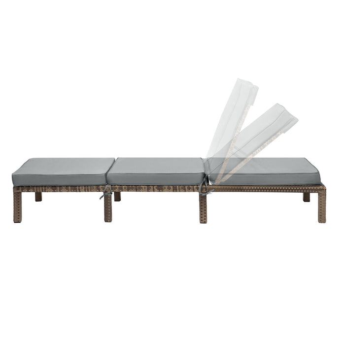 braune Polyrattan Gartenliege mit grauer Polsterauflage - Rückenlehne mehrstufig verstellbar