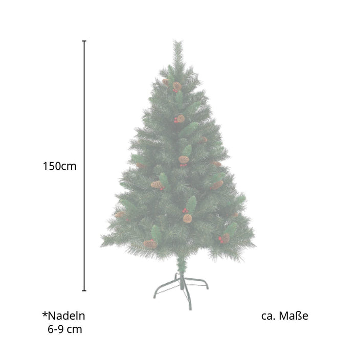 Künstlicher SVITA Tannenbaum 150 cm hoch mit roten Beeren und Zapfen, Nadelgröße 6-9 cm