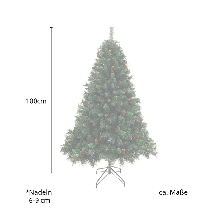 Künstlicher SVITA Tannenbaum 180 cm hoch mit roten Beeren und Zapfen, Nadeln 6-9 cm lang