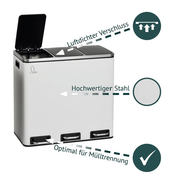 SVITA TM2X30L 3-fach Mülltrennsystem in Weiß, Illustration Hinweise luftdichter Verschluss, hochwertiges Material, optimal für Mülltrennung