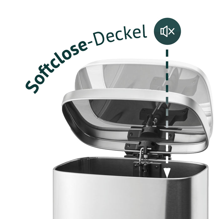 Silberner Mülleimer SVITA TQ30 mit mit geöffnetem Deckel, Illustration Softclose-Deckel