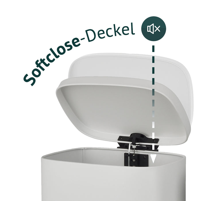 Weißer Mülleimer SVITA TQ30 mit mit geöffnetem Deckel, Illustration Softclose-Deckel
